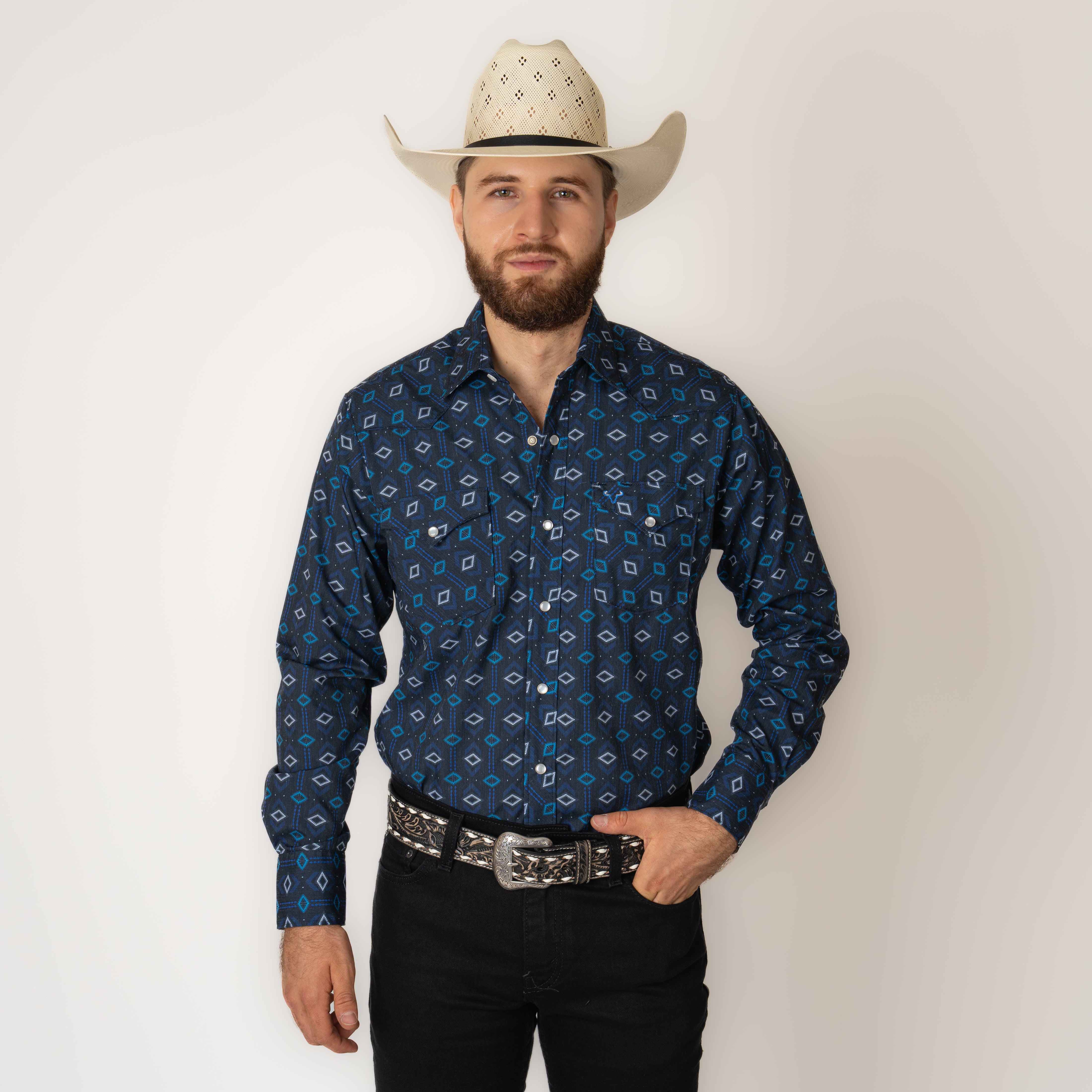 Camisa Rodeo Estampado Azul Marino Caballero