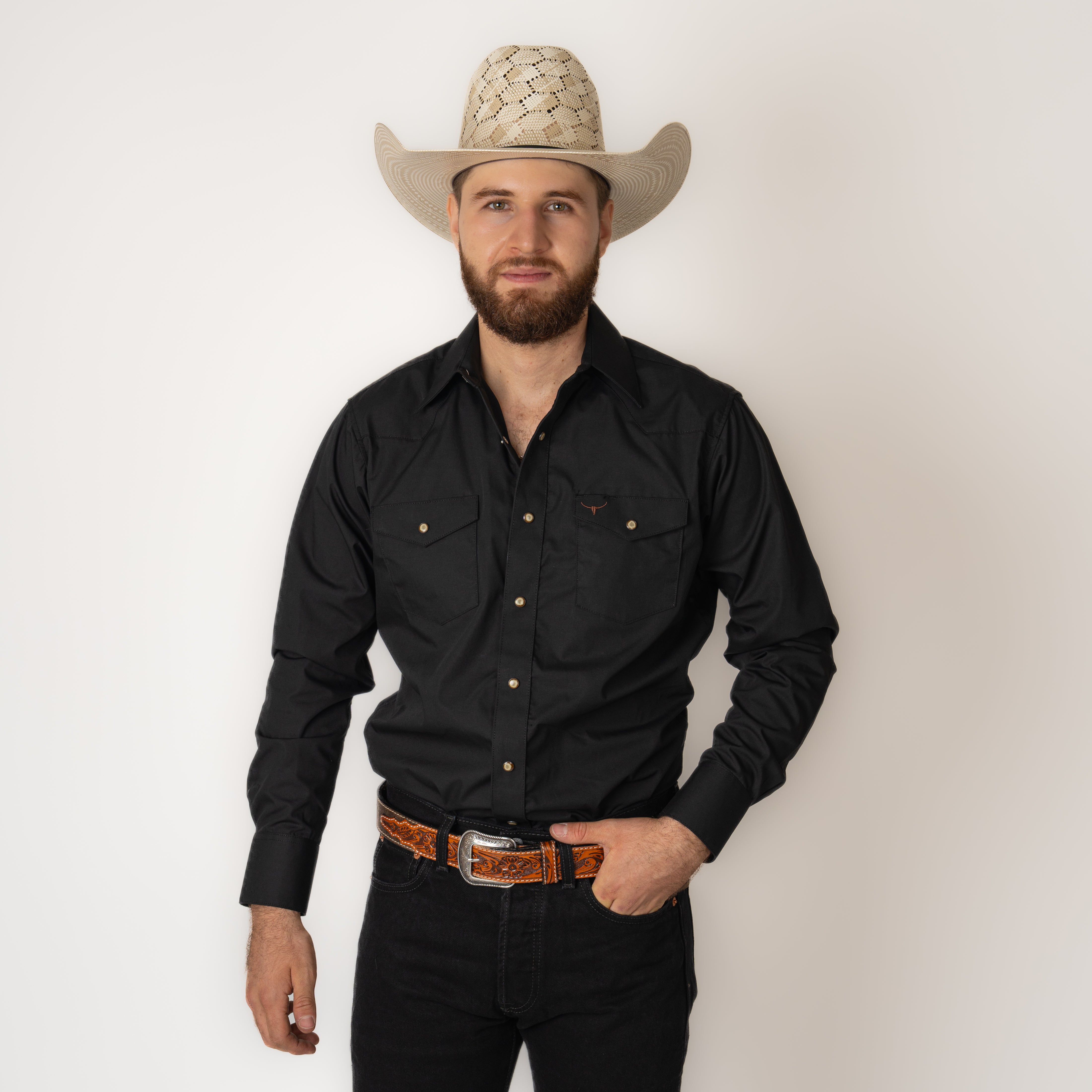 Camisa Rodeo West Liso Negro Caballero