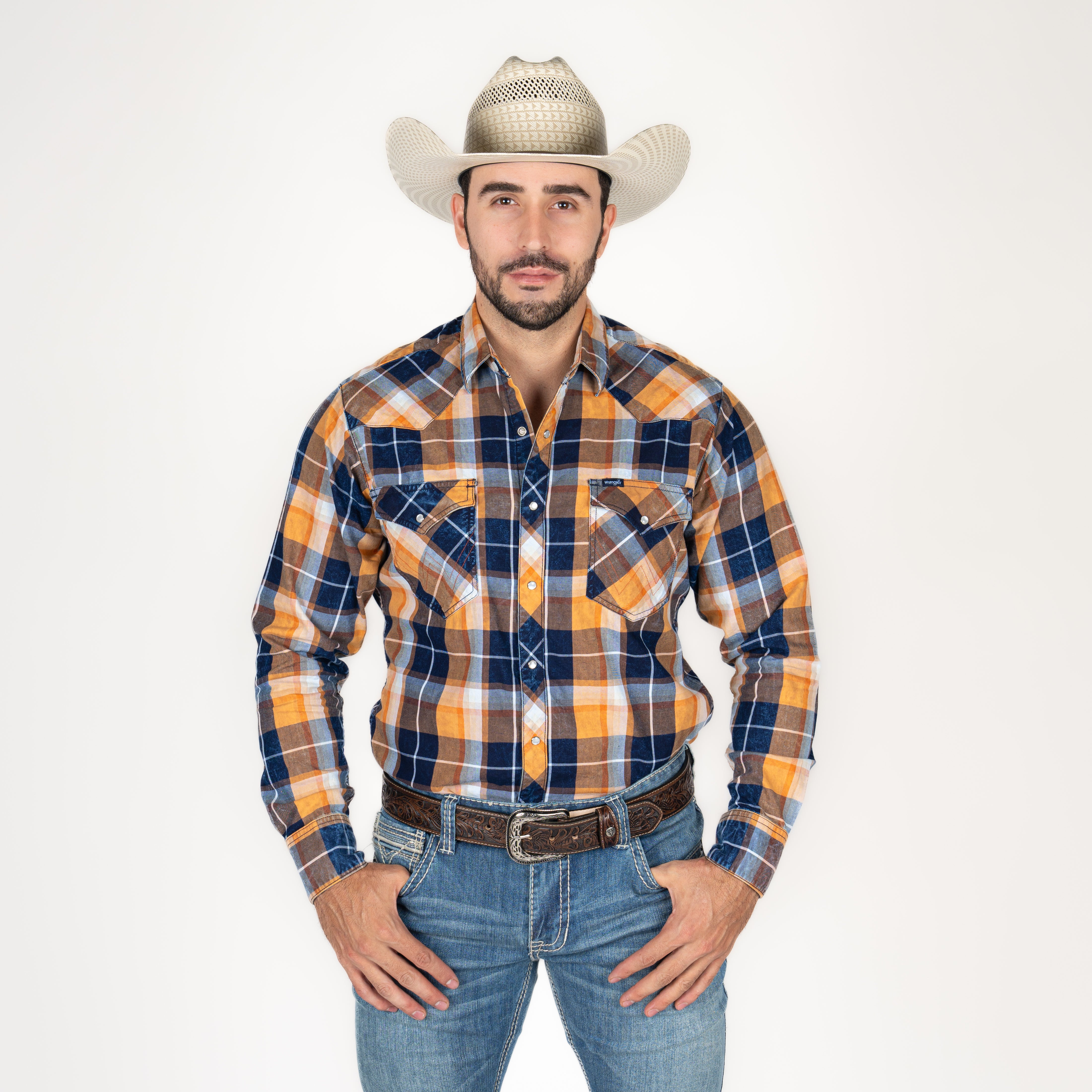 Camisa Wrangler Cuadros Naranja Azul Caballero