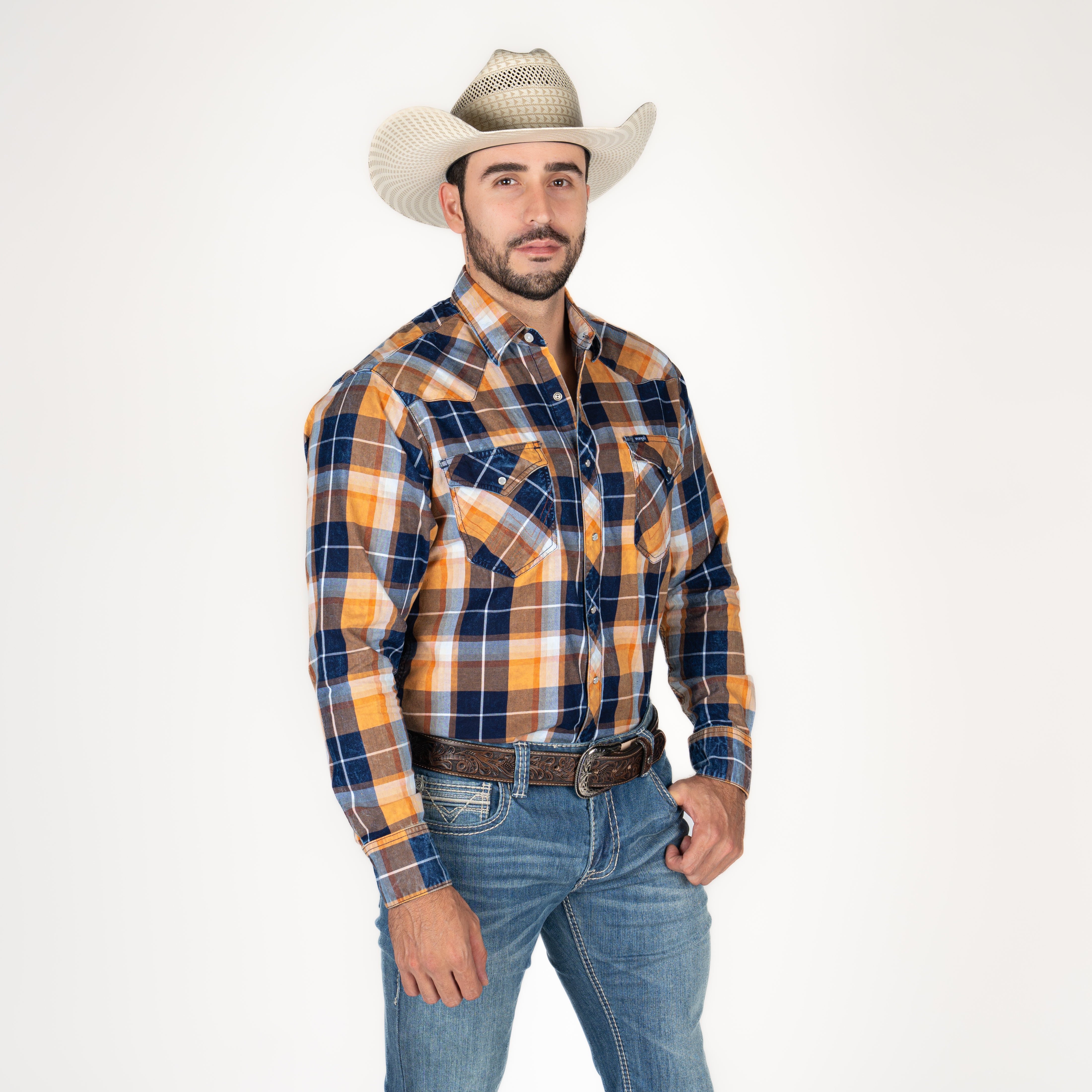 Camisa Wrangler Cuadros Naranja Azul Caballero