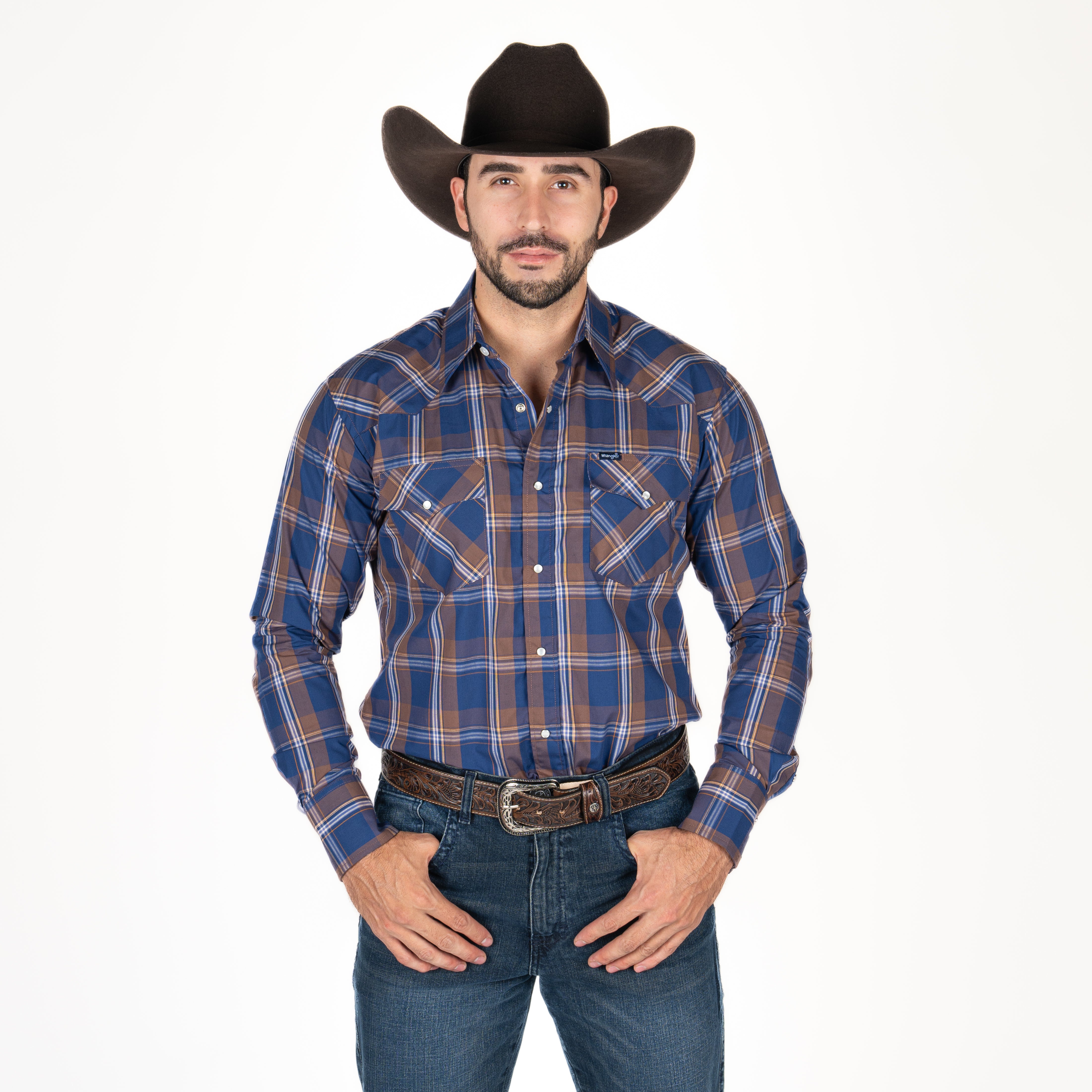 Camisa Wrangler Cuadros Azul Café Caballero