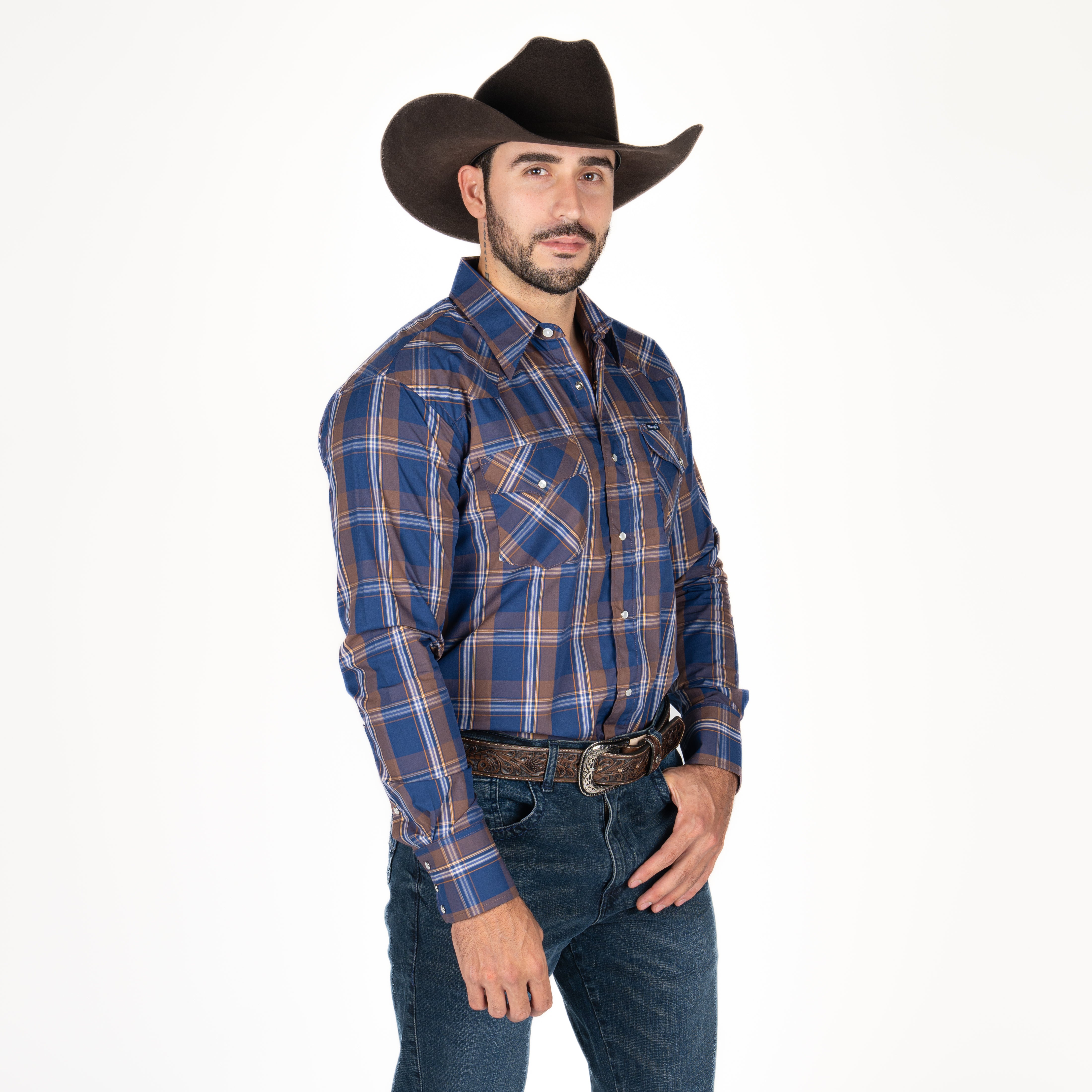 Camisa Wrangler Cuadros Azul Café Caballero