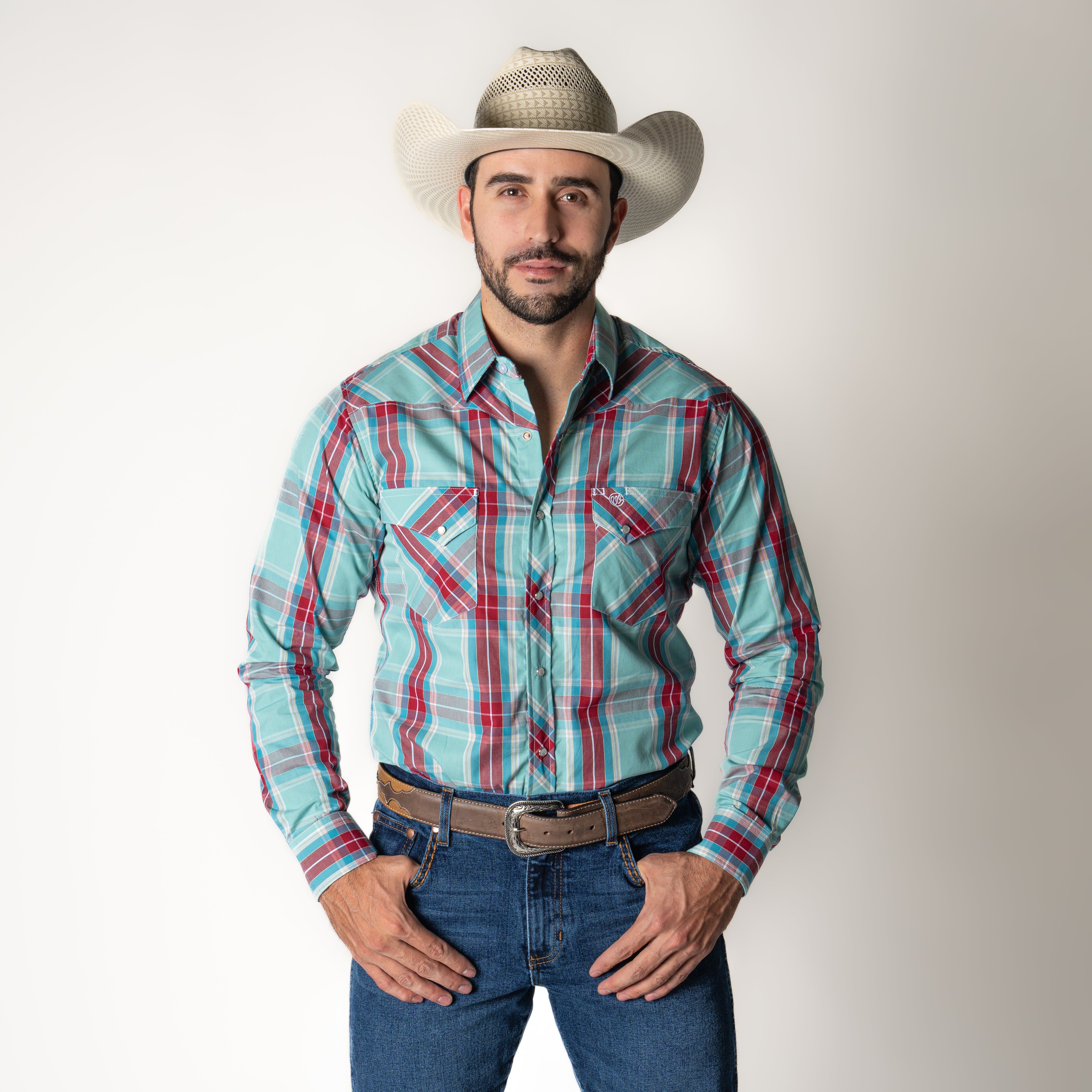 Camisa Wrangler Rojo Turquesa Caballero