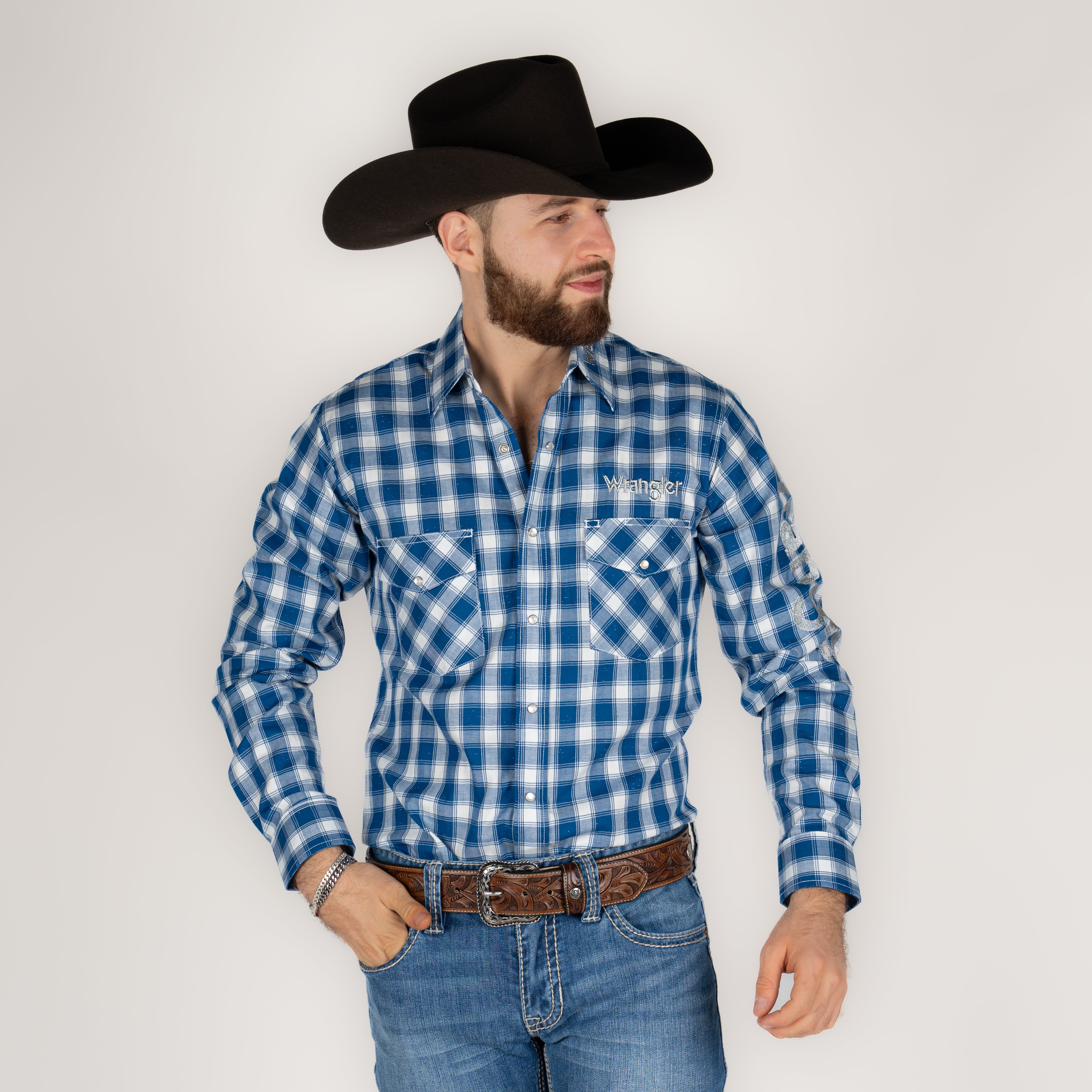 Camisa Wrangler Cuadros Azul Logo Caballero