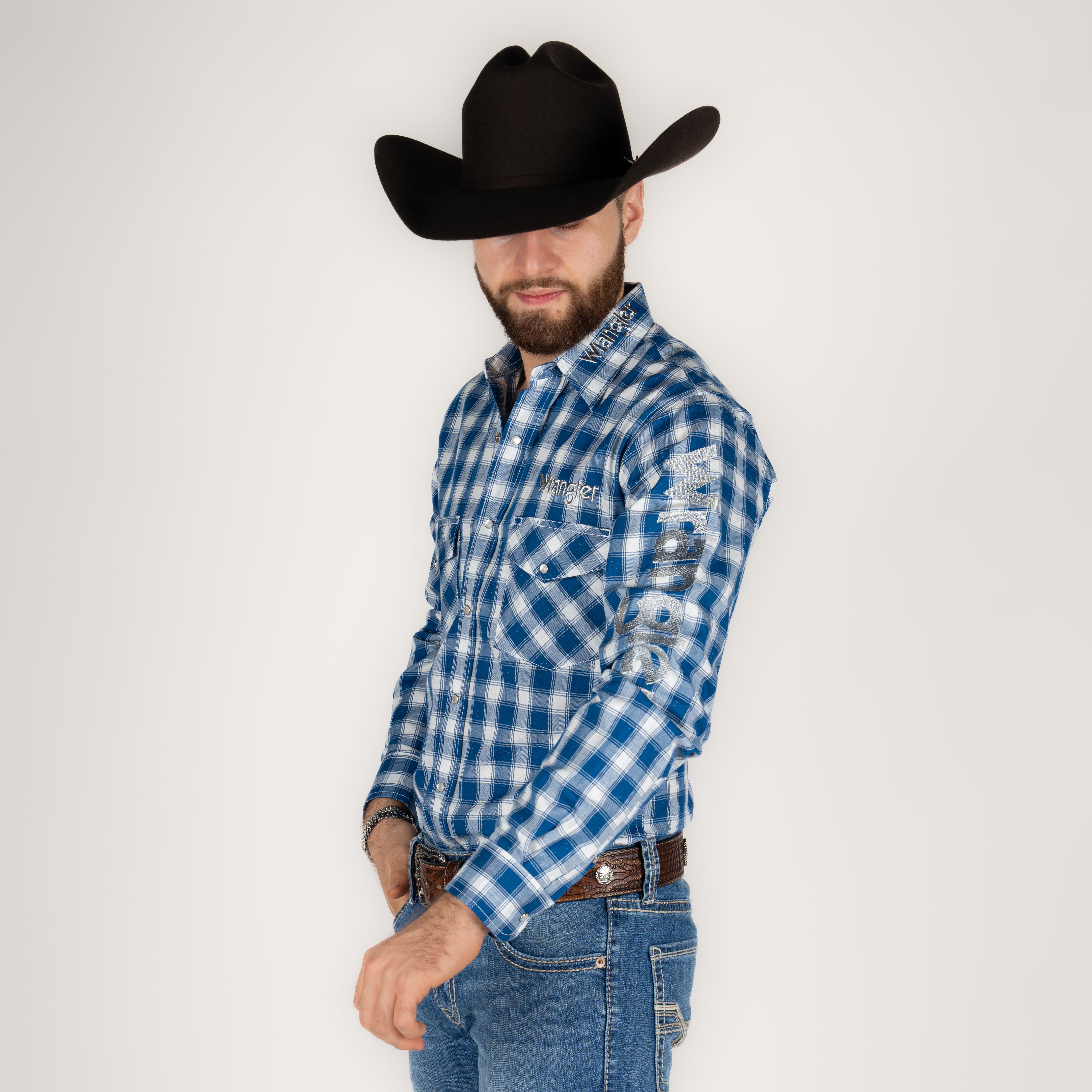 Camisa Wrangler Cuadros Azul Logo Caballero