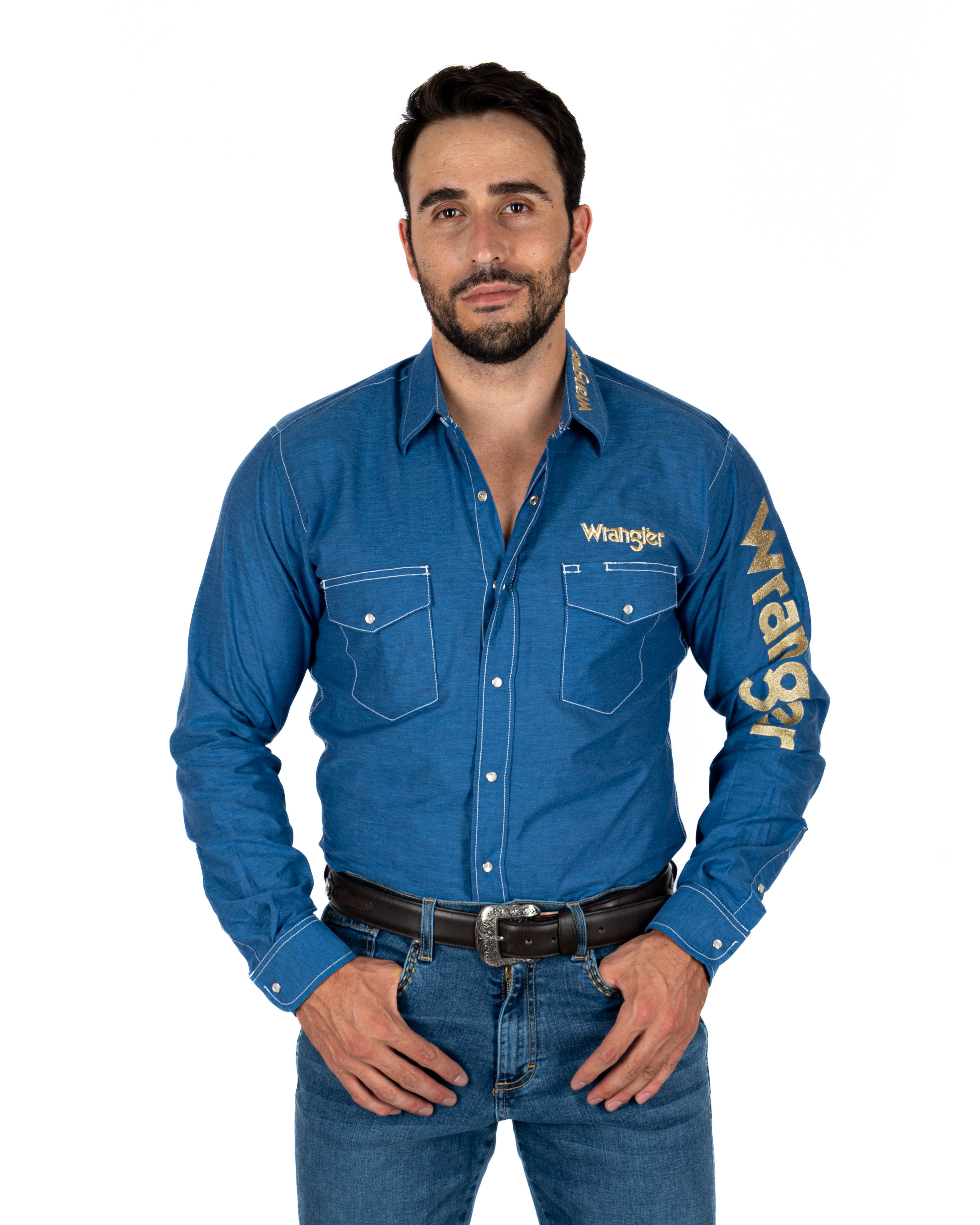 Camisa Wrangler Mezclilla Logo Manga Caballero