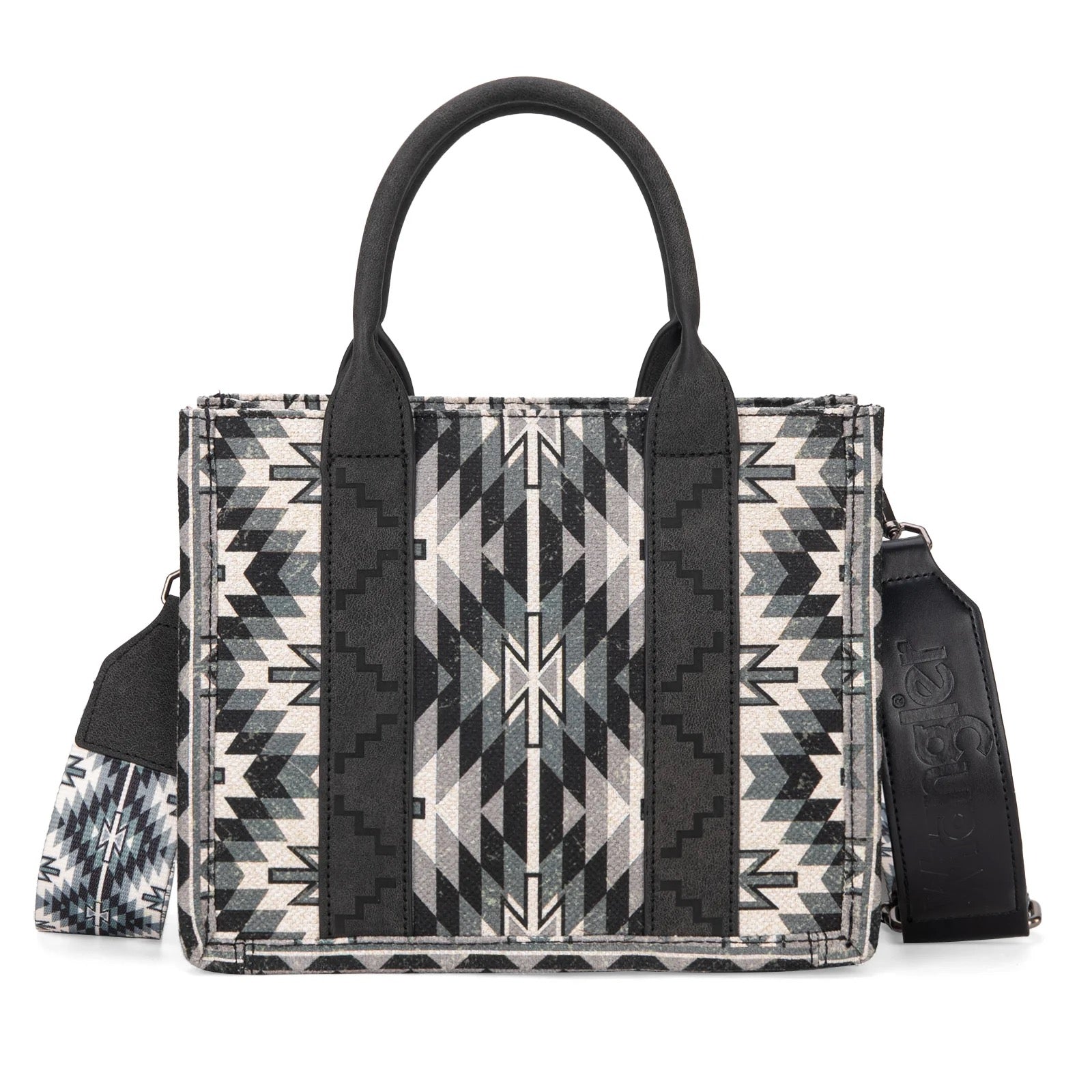 Tote/Crossbody Wrangler Southwestern Pattern Dual Sided Print - BLACK