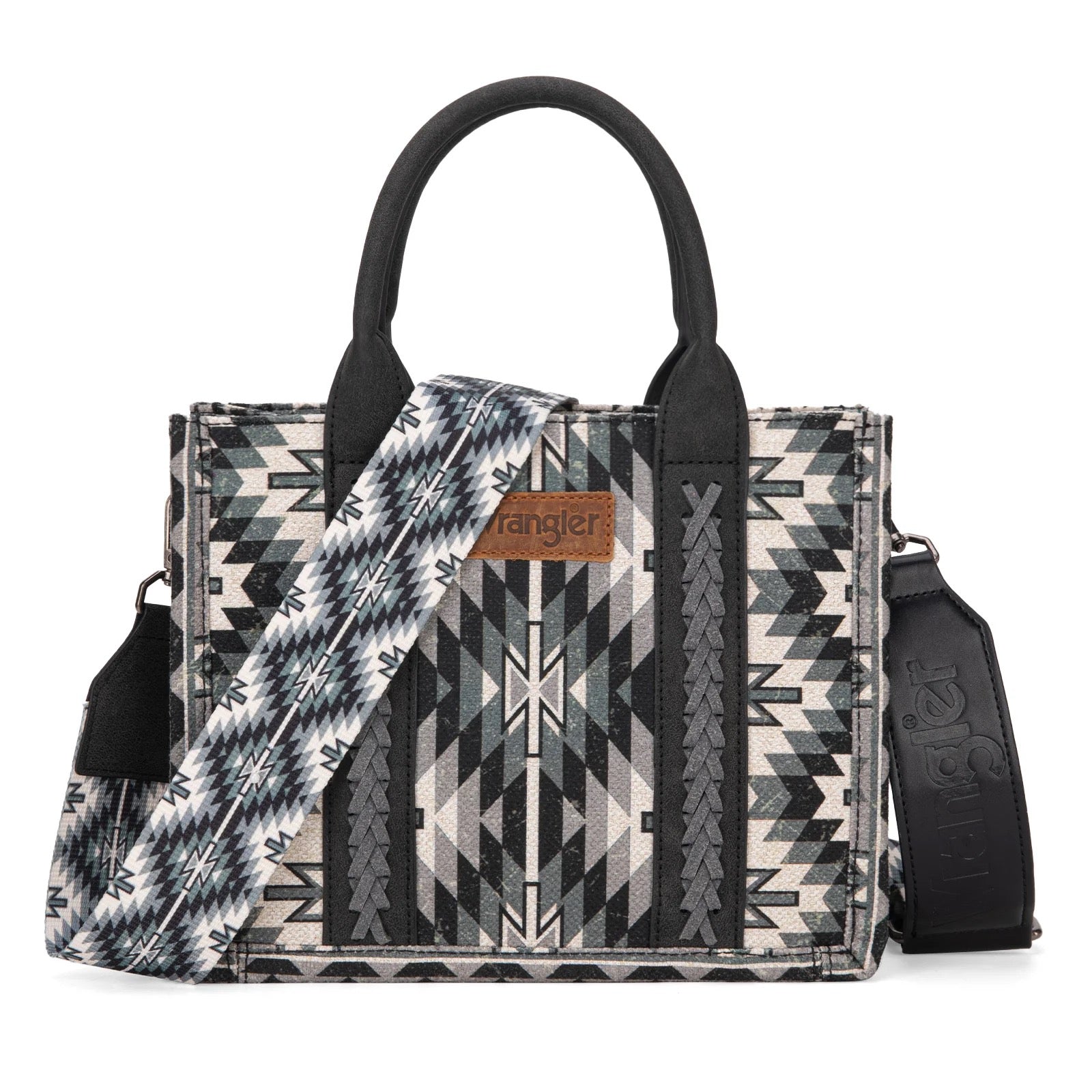 Tote/Crossbody Wrangler Southwestern Pattern Dual Sided Print - BLACK