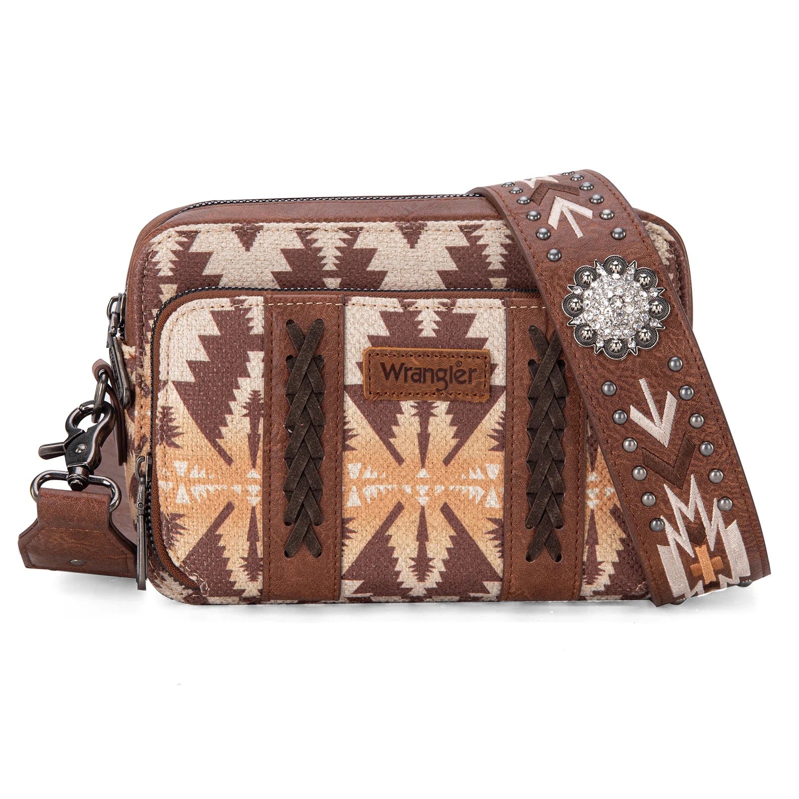 Crossbody Purse With Wallet Compartment Wrangler Aztec Printed  - Light Coffee