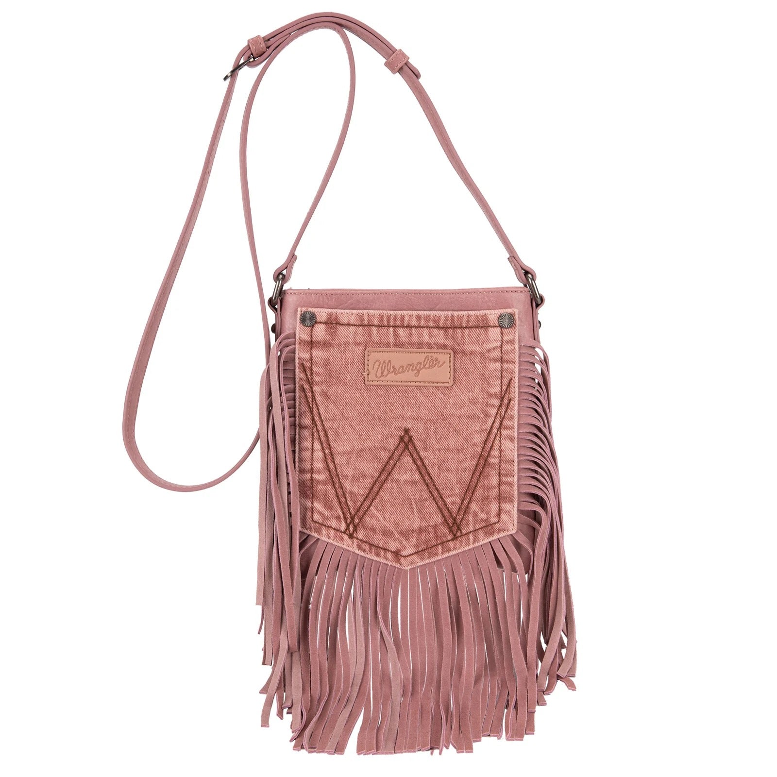 Crossbody Wrangler Leather Fringe Jean Denim Pocket - Pink