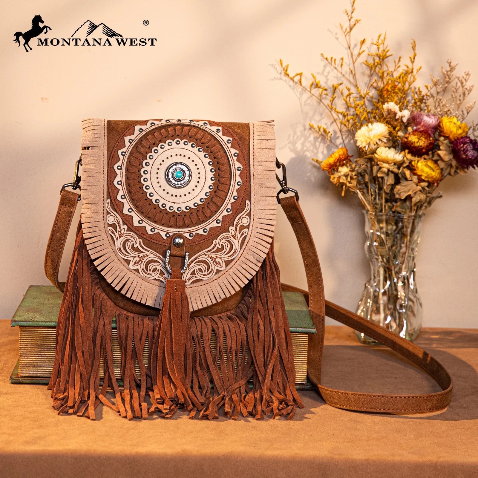 Bag/Crossbody Montana West Concho Fringe Collection Saddle Brown