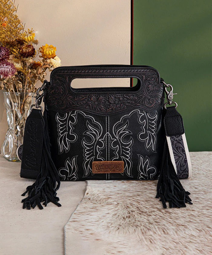 Crossbody Wrangler Tooled Fringe - Black